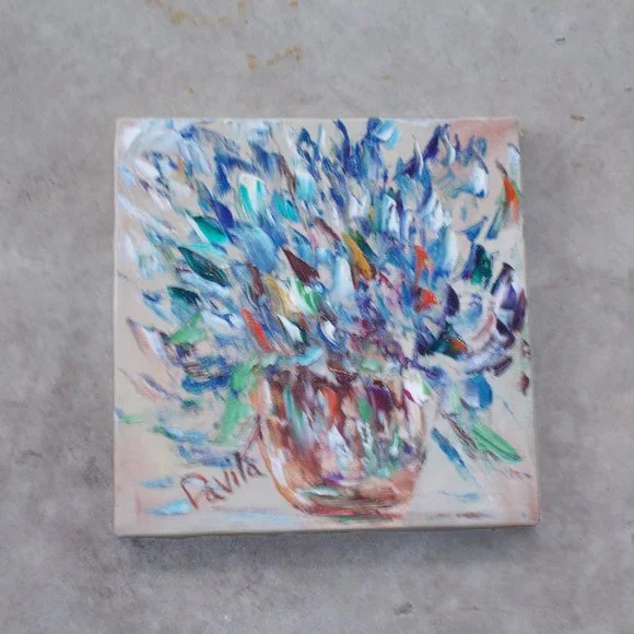 New, Original "Paris Blue Floral" oil painting, 10"x10" - Picture 1 of 2